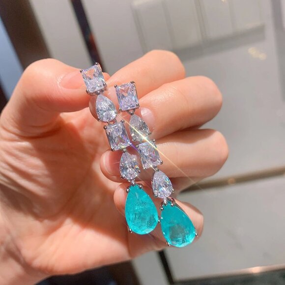 925 Sterling Silver Paraiba Tourmaline Emerald Lab Diamonds Drop Earrings - Picture 2 of 2